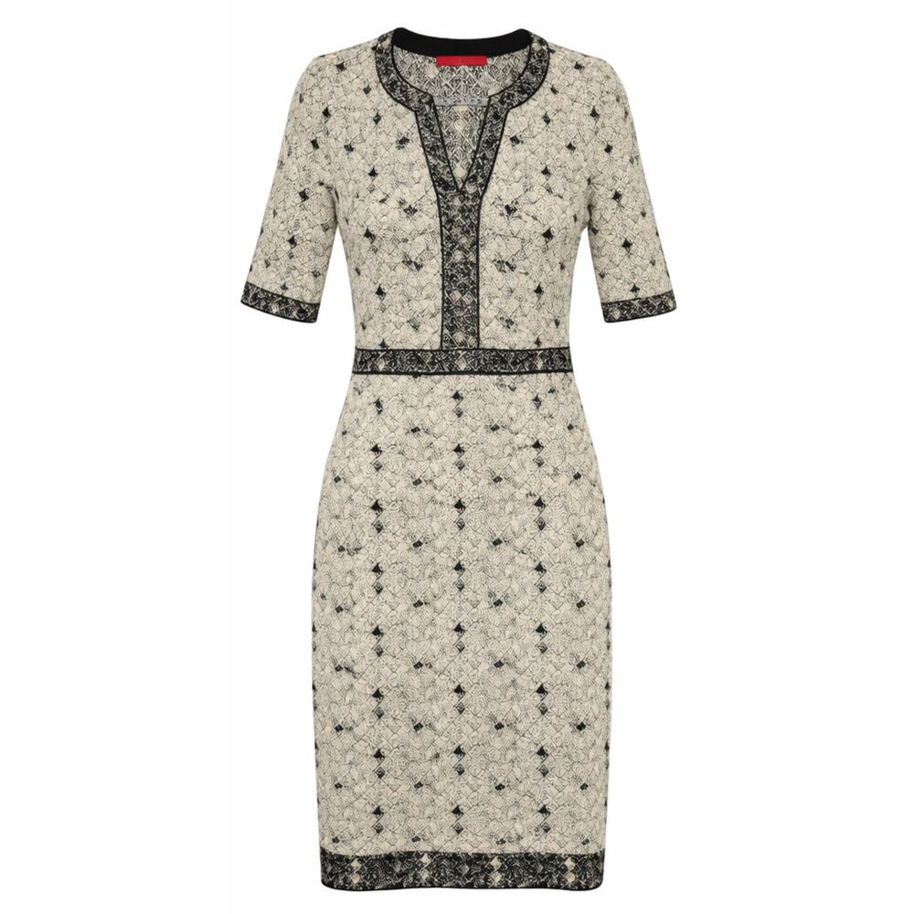Carolina Herrera Ivory & Black Jacquard Sheath Dress Elbow Sleeve